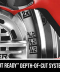 Close-up of the Cut Ready™ Depth-of-Cut System on the All Magnesium Sidewinder Circular Saw With 15 Amp Dual Field Motor and 7-1/4 Inch Blade.