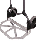 Welcom MC2S Magna Cart Elite folding hand truck, silver metal base with two black wheels (front view)