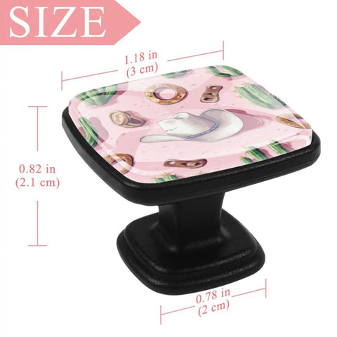4 Pack Cowboy Hat Cactus Cabinet Knobs With Crystal Glass Surface On Pink Background, Black ABS Base, 1.18 x 0.82 inches