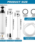 Grease Monkey Ready Manual Fluid Extractor Pump size diagram showing dimensions of pump and extension hoses for brake fluid swap.