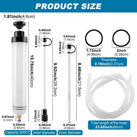 Grease Monkey Ready Manual Fluid Extractor Pump size diagram showing dimensions of pump and extension hoses for brake fluid swap.