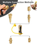RV Propane Quick Connect Kit For Low Pressure Gas Appliances Grills Heaters And Fire Pits Easy Hookup With One Quarter Inch NPT Full Flow Plug Three Eighths Inch Flare Adapter Seven Piece Set With Shutoff Valve, showing brass connectors and adapters.