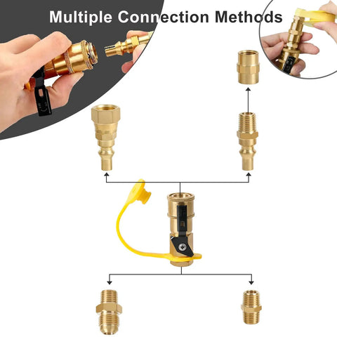 RV Propane Quick Connect Kit For Low Pressure Gas Appliances Grills Heaters And Fire Pits Easy Hookup With One Quarter Inch NPT Full Flow Plug Three Eighths Inch Flare Adapter Seven Piece Set With Shutoff Valve, showing brass connectors and adapters.
