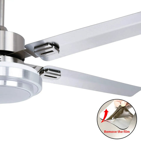 Close-up of 52 Inch Brushed Nickel Ceiling Fan With Light And Remote Quiet Reversible Motor Stainless Steel Blades Dimmable LED