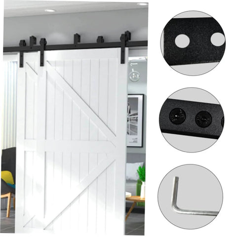 Solid Barn Door Track Repair Mending Plates Set Easy Install Track Bracket Connectors for Seamless Barn Door Rails Heavy Duty Carbon Steel Construction Repair Plates shown installed on rail system with close-ups of connectors and tools.