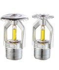 Five Piece Pro Level Fire Sprinkler Head Kit Featuring Heavy Duty Brass Build And No Hassle Pipe Thread Fittings For Rock Solid Home Fire Safety And Emergency Coverage, showing two brass sprinkler heads with yellow liquid indicator.