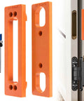 Heavy Duty 6 Inch Hidden Door Hinge Jig Delivers Dead On Alignment For Concealed Cabinet Hinges showing orange jig components and drill bit.