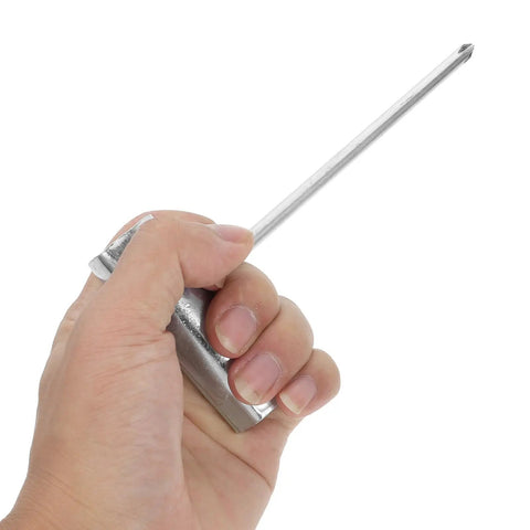 Hand holding a sturdy metal tool, part of the Heavy Duty Four Piece Chainsaw Wrench Socket Set With Bar Adjustment Tool.