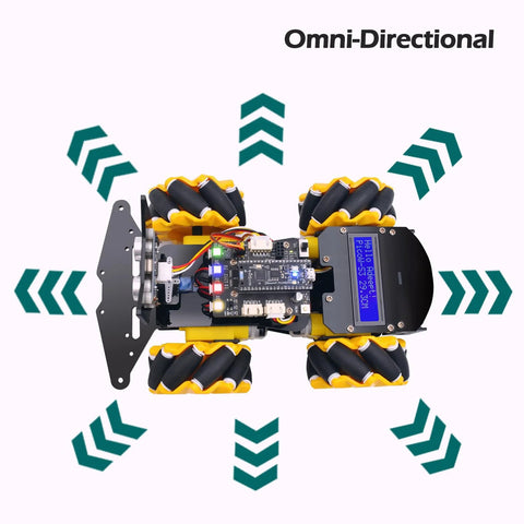 Front view of 4WD Omni-directional Mecanum robot car with LCD1602 display, yellow/black wheels, ESP32 board