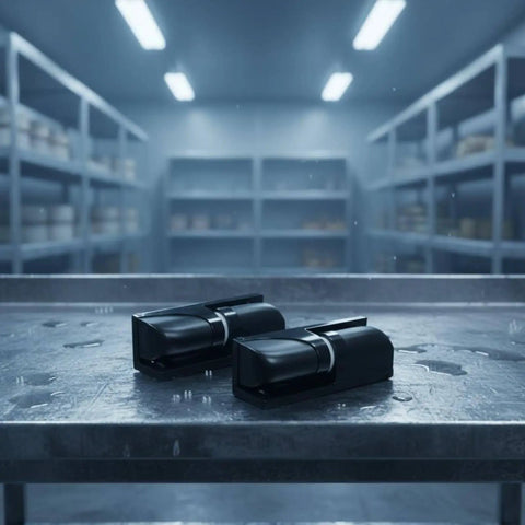 Rock Solid Zinc Alloy Cold Storage Door Hinge Featuring Smooth Lift Assisted Self Closing Pivot Built Tough For Commercial Freezer Rooms. Two hinges on a wet surface.