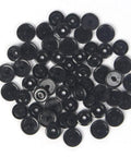 Image showing 100 sets of black plastic snap buttons, size 20 T5 glossy round resin fasteners suitable for cloth diapers and baby bibs.