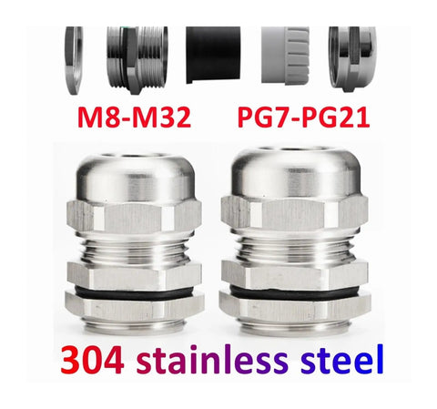 Close-up of 8Pcs 304 Stainless Steel Waterproof Cable Glands IP68 PG7 M12 M16 showcasing metal texture and sealing detail.
