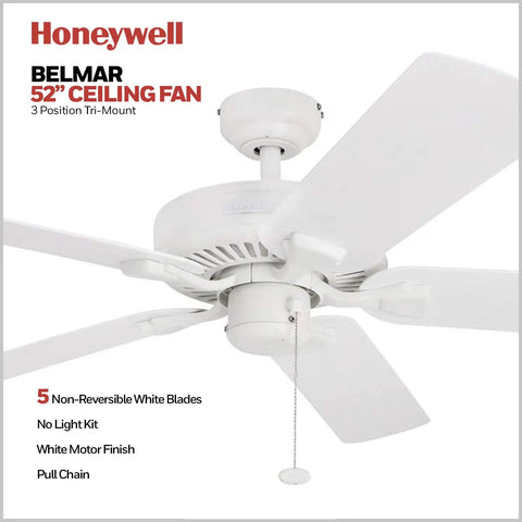 52 Inch Outdoor Ceiling Fan Without Light for Patio or Porch, Wet Rated, Tri-Mount Traditional Five-Blade Design, White Finish, Pull Chain Operation, Built for All Weather and Patio Vibes