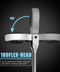 Close-up of 9 Piece Metric Open Flex Head Ratcheting Wrench Set flex head showing 180° movement for tight spaces