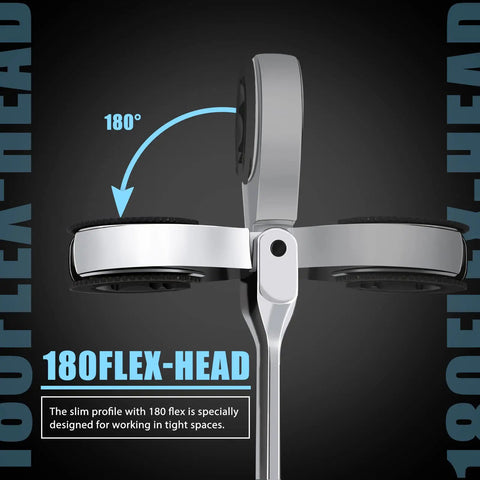 Close-up of 9 Piece Metric Open Flex Head Ratcheting Wrench Set flex head showing 180° movement for tight spaces