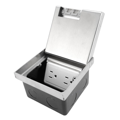 Heavy Duty Recessed Floor Electrical Outlet Kit With No Fuss Pull Handle For Reliable Power Access Durable flush mount design with steel cover.