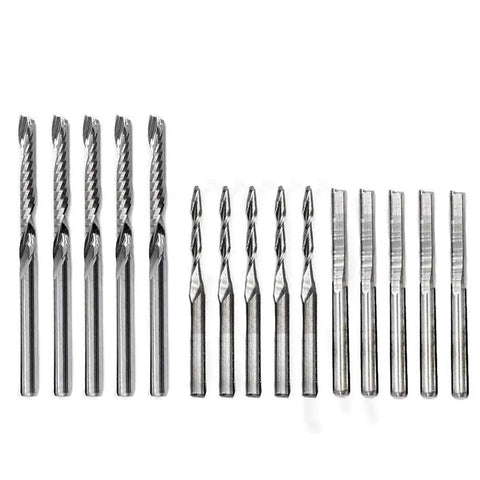 End Mill Set With One Eighth Inch Shank Fifteen Piece Kit Of Solid Tungsten Carbide CNC Router Bits For Engraving Milling Roughing Hollowing And 3D Sculpting Includes Five Two Flute Ball Nose Bits Five Double Edged Straight And Five Single Flute Bits