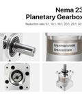 Kick Ass Heavy Duty Nema 23 Planetary Gearbox Motor Speed Reducer with 8MM input shaft and gear ratio details.