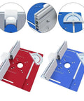Badass Heavy Duty Aluminum Router Table Insert With Miter Gauge For Precision Woodworking. Red and blue aluminum plates with gauges.