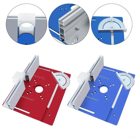 Badass Heavy Duty Aluminum Router Table Insert With Miter Gauge For Precision Woodworking. Red and blue aluminum plates with gauges.