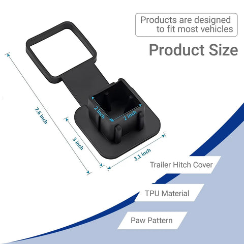 2 Inch Trailer Hitch Cover Dog Paw Rubber Plug To Protect Tow Hitch Square Receiver Easy To Install And Fits Most Rigs SUV RV Pickup ATV Buckle Type Design For Dust Rain Debris Shield showing dimensions and TPU material