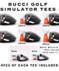 Golf Simulator Tees 32 Piece Set For Home Practice showing 8 sizes with orange flexible durable light impact tees for screen protection