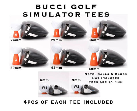 Golf Simulator Tees 32 Piece Set For Home Practice showing 8 sizes with orange flexible durable light impact tees for screen protection