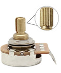 Close-up of Two Pack B250K Linear Guitar Pots With Fifteen Point Five Millimeter Short Split Shaft And Twenty Four Spline Knurled Shaft
