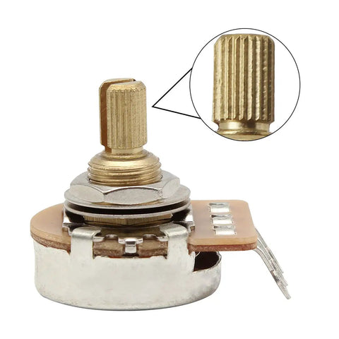 Close-up of Two Pack B250K Linear Guitar Pots With Fifteen Point Five Millimeter Short Split Shaft And Twenty Four Spline Knurled Shaft