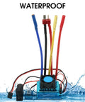 Eighty Amp Waterproof Brushless Electronic Speed Controller for One Tenth Scale RC Cars and Boats, showcased in water testing.
