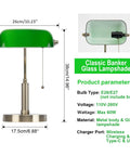Glass Bankers Desk Lamp With USB Charging Port LED Desk Light Emerald Green Glass Shade Brass Finish Classic Retro Pull Chain Perfect For A Cozy Home Office Bedside Study Or Library Vibe