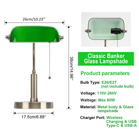 Glass Bankers Desk Lamp With USB Charging Port LED Desk Light Emerald Green Glass Shade Brass Finish Classic Retro Pull Chain Perfect For A Cozy Home Office Bedside Study Or Library Vibe