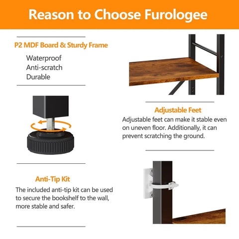 Features of Dope Industrial Style 6 Tier Tall Bookshelf For Tight Spaces highlighting MDF board, adjustable feet, and anti-tip kit.