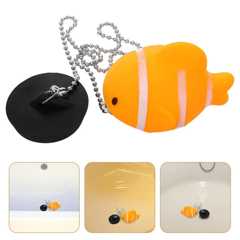 Fish Bathtub Drain Stopper with Chain Rubber for Shower Drains in orange fish design, rubber material, easy to use.