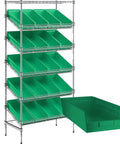 Badass Heavy Duty Metal Wire Utility Rack With 18X36X74 dimensions showcasing slanted green storage bins for garage organization.