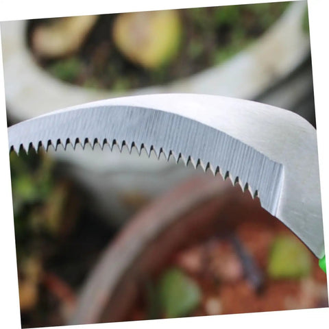 Close-up of serrated blade on Two Piece Portable Grass Scythe And Weeding Tool Set For Garden