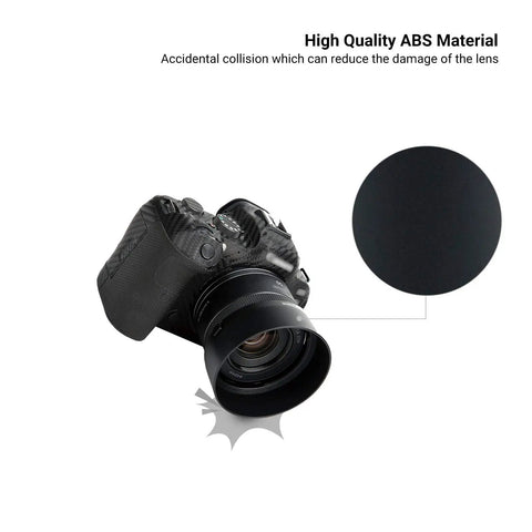Must Have Reversible ES-65B Lens Hood attached to camera, showcasing high quality ABS material and impact protection feature.