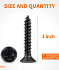 100 Pack Killer Grip Flat Head Phillips Wood Screws Black Oxide Coated Stainless Steel Fully Threaded Carpenter Hardware Prime Pick For Deck Building And Home Repair, 1 inch size with flat head.