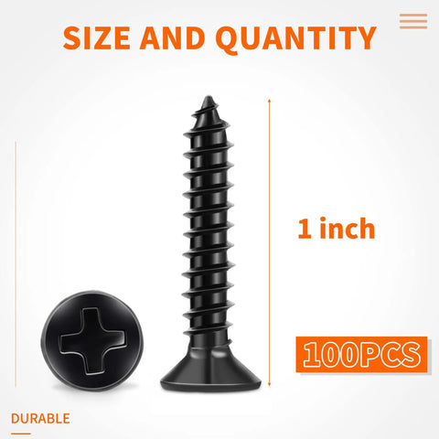 100 Pack Killer Grip Flat Head Phillips Wood Screws Black Oxide Coated Stainless Steel Fully Threaded Carpenter Hardware Prime Pick For Deck Building And Home Repair, 1 inch size with flat head.