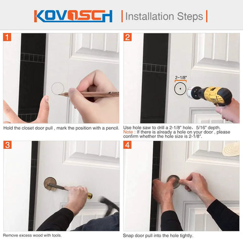 Installation steps for Six Pack Black Round Sliding Closet Door Finger Pulls 2-1/8 Inch Diameter with Snap In Installation