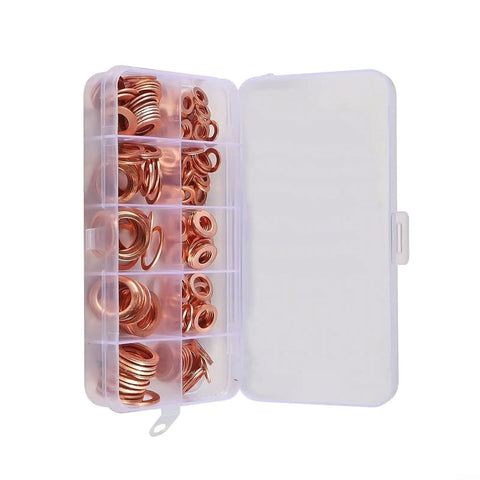 Get This Top Notch 100 Piece Copper Flat Washer Assortment Kit With Box For Sump And Industrial Jobs Featuring Purple Copper Ring Seals That Resist Heat Buildup And Deliver Serious Hardness For Your Tough Gasket Needs. 100-piece copper flat washer kit in clear compartment box