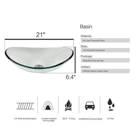 Diagram of Boat Shape Glass Vessel Sink With Free Oil Rubbed Bronze Faucet And Pop Up Drain In Blue For Modern Bathrooms, size 21x6.4 inches.