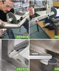 Operator using Top Shelf 800W Electric Angle Grinder for fillet weld cleanup on metal pipe, adjustable speed for precise surface prep.