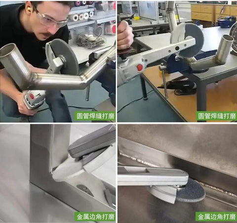 Operator using Top Shelf 800W Electric Angle Grinder for fillet weld cleanup on metal pipe, adjustable speed for precise surface prep.