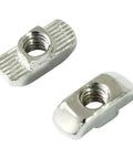 Drop-In T-Nut 1/4-20 Threaded Steel for Aluminum Extrusion Profiles, nickel-plated, side view of two pieces for 15 and 40 series T-slot.