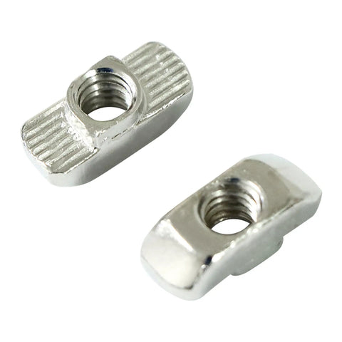 Drop-In T-Nut 1/4-20 Threaded Steel for Aluminum Extrusion Profiles, nickel-plated, side view of two pieces for 15 and 40 series T-slot.