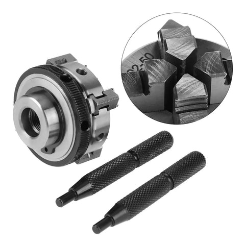 Solid 50mm Mini 4 Jaw Lathe Chuck Portable Reversible Manual Clamping Tool For Woodworkers showing chuck and clamps in detail.