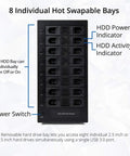 Eight Bay External Sata Hard Drive Enclosure Features No Sweat Setup With Hot Swap Trays And Smart Cooling Fan For Lightning Fast Usb Three Gigabit File Swaps And Smooth Data Transfers, showing bay indicators and power switch.
