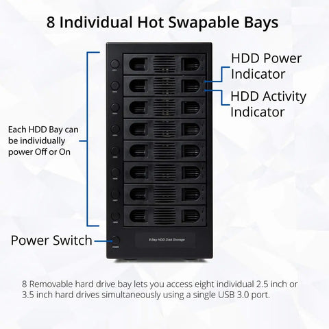 Eight Bay External Sata Hard Drive Enclosure Features No Sweat Setup With Hot Swap Trays And Smart Cooling Fan For Lightning Fast Usb Three Gigabit File Swaps And Smooth Data Transfers, showing bay indicators and power switch.