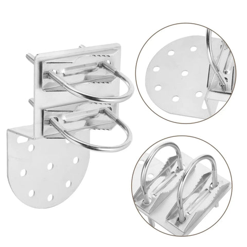 Beefy Iron Antenna Pole Mount Clamp with U Bolts for wall or roof mounting, includes heavy duty metal pipe bracket, detailed view